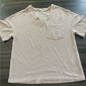 Beige V-Neck Ribbed Knit Top